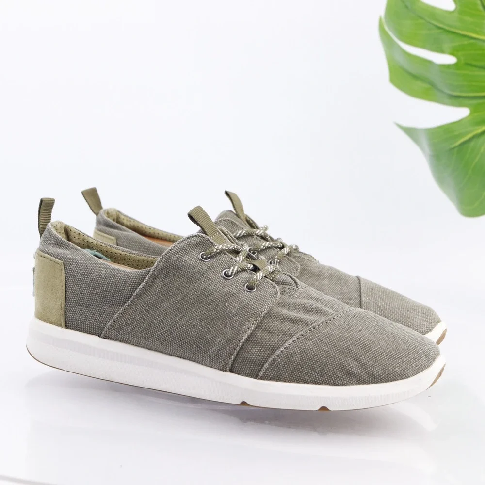 Toms Womens Del Rey Sneaker Size 9 Olive Green Canvas Lace Up Comfort Shoe Sport